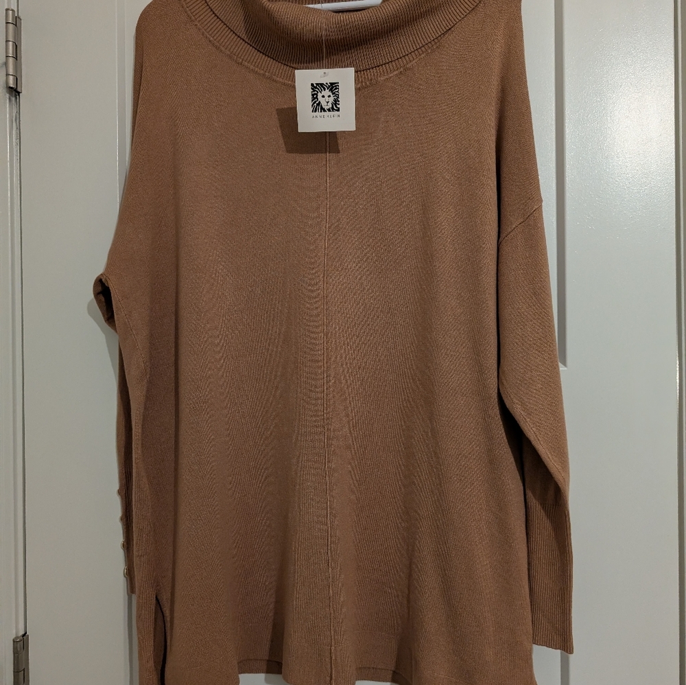Anne Klein Cowl Neck Sweater Tan With Gold Button Accents Size Medium NEW